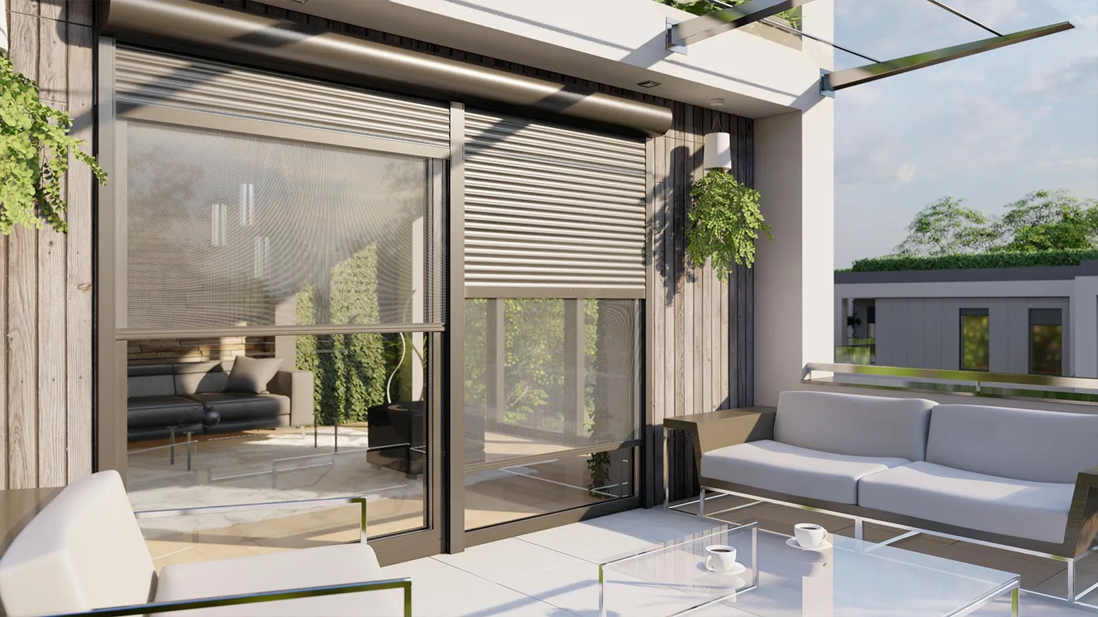 Moderne Terrasse mit Rollläden und integriertem Insektenschutzsystem